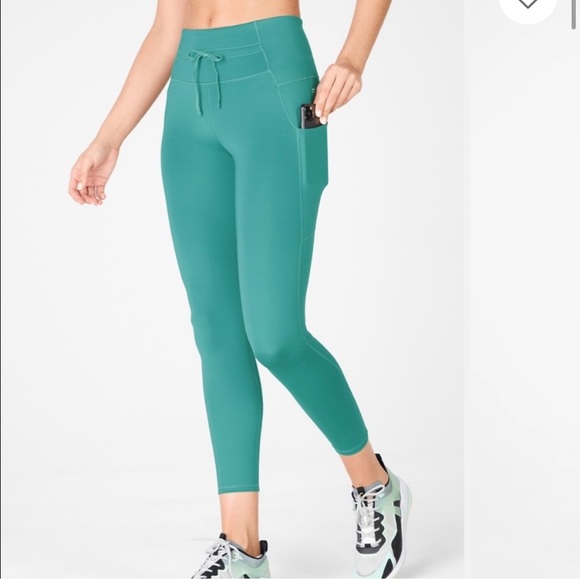 Fabletics Large High-Waisted Ultra Cool Shine Panel Leggings Serenity/Soft Pine - Picture 1 of 8